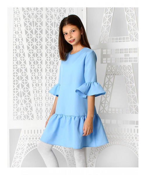 Голубое нарядное платье с воланами для девочки 84211-ДН19