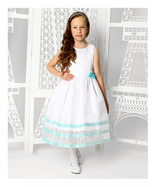 Белое нарядное платье для девочки с голубыми лентами 83751-ДН19