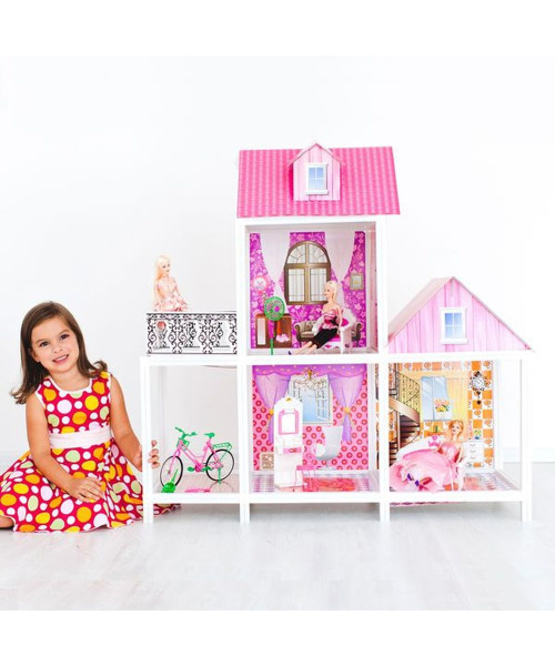 2-этажный кукольный дом с 3 комнатами, мебелью, 3 куклами и велосипедом в наборе