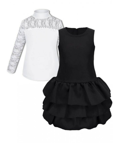 Школьная форма для девочки с белой водолазкой и черным сарафаном с оборками
