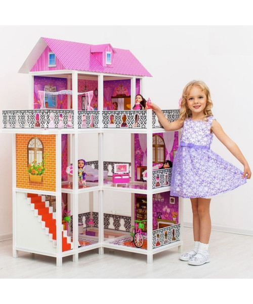 3-этажный кукольный дом (угловой) с 6 комнатами, мебелью, 3 куклами и велосипедом в наборе