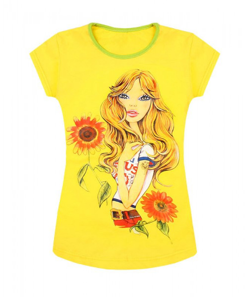 Жёлтая футболка для девочки с принтом 82551-ДЛС21