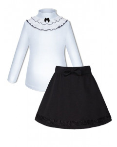 Школьная форма для девочки с белой водолазкой (блузкой) и черной юбкой с бантом и рюшей