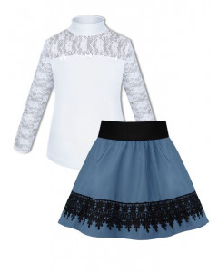 Школьная форма для девочки с белой водолазкой (блузкой) и голубой юбкой с кружевом