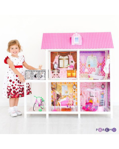 2-этажный кукольный дом с 4 комнатами, мебелью, 3 куклами и велосипедом в наборе