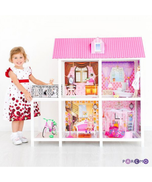 2-этажный кукольный дом с 4 комнатами, мебелью, 3 куклами и велосипедом в наборе
