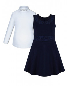 Школьный комплект для девочки с белой водолазкой (блузкой) со стразами и черным сарафаном с воротничком