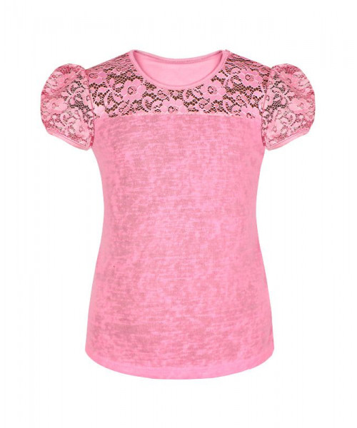 Розовая футболка (блузка) для девочки с гипюром 78774-ДШ19