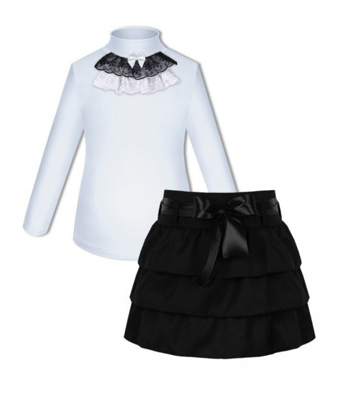 Школьная форма для девочки с белой водолазкой (блузкой) и синей юбкой с бантом и оборками