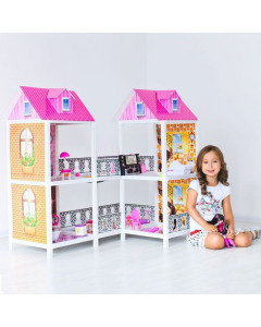 2-этажный кукольный дом (угловой) с 4 комнатами, мебелью и 2 куклами в наборе