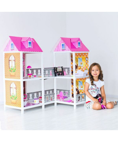 2-этажный кукольный дом (угловой) с 4 комнатами, мебелью и 2 куклами в наборе