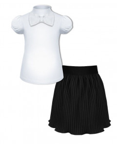 Школьный комплект для девочки с белой водолазкой (блузкой) с коротким рукавом и черной плиссерованной юбкой