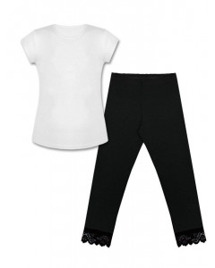Спортивный комплект для девочки с белой футболкой и черными леггинсами с гипюром