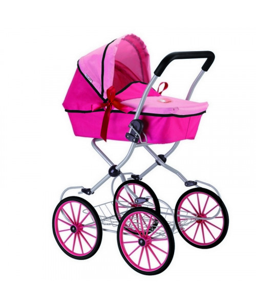 Классическая кукольная коляска на больших колесах цвет фуксия+розовый