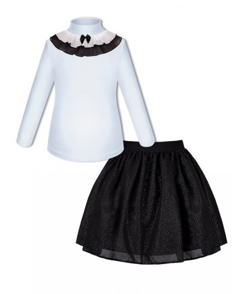 Школьный комплект для девочки с белой водолазкой (блузкой) и черной юбкой с напылением