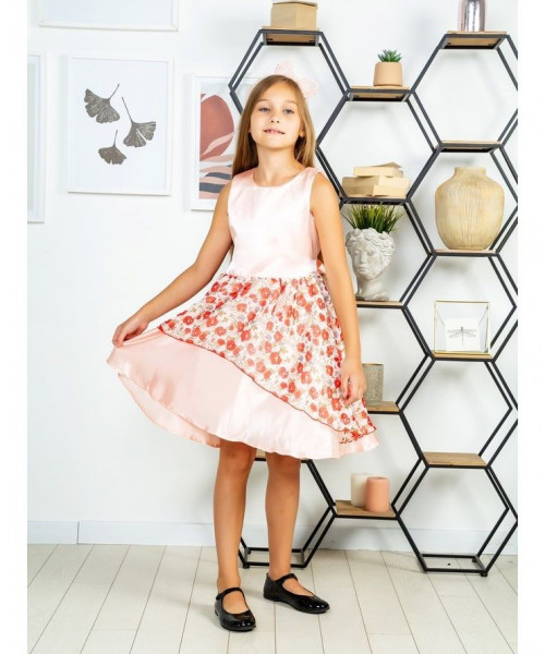 Нарядное персиковое платье для девочки 806911-ДН18