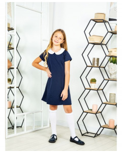 Школьное синее платье для девочки с белым вороником 82302-ДШ19