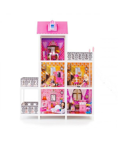 3-этажный кукольный дом с 5 комнатами, мебелью и 3 куклами в наборе