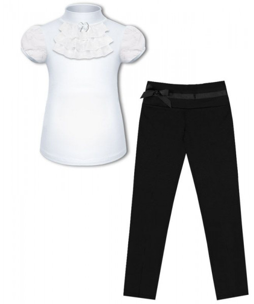 Школьный комплект для девочки с белой водолазкой (блузкой) с коротким рукавом и черными брюками с бантом