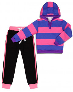 Спортивный комплект для девочки с полосатым джемпером и черными брюками с розовой полосой