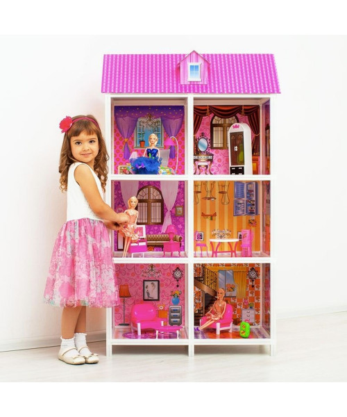 3-этажный кукольный дом с 5 комнатами, лестницей, мебелью и 5 куклами в наборе