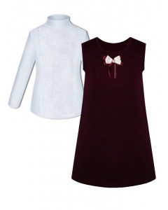 Школьный комплект для девочки с белой водолазкой (блузкой) и бордовым сарафаном с бантиком