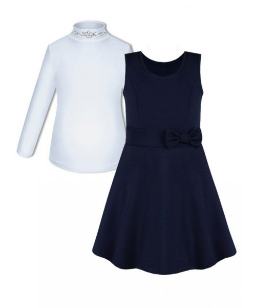 Школьный комплект для девочки с белой водолазкой (блузкой) и синим сарафаном с бантом